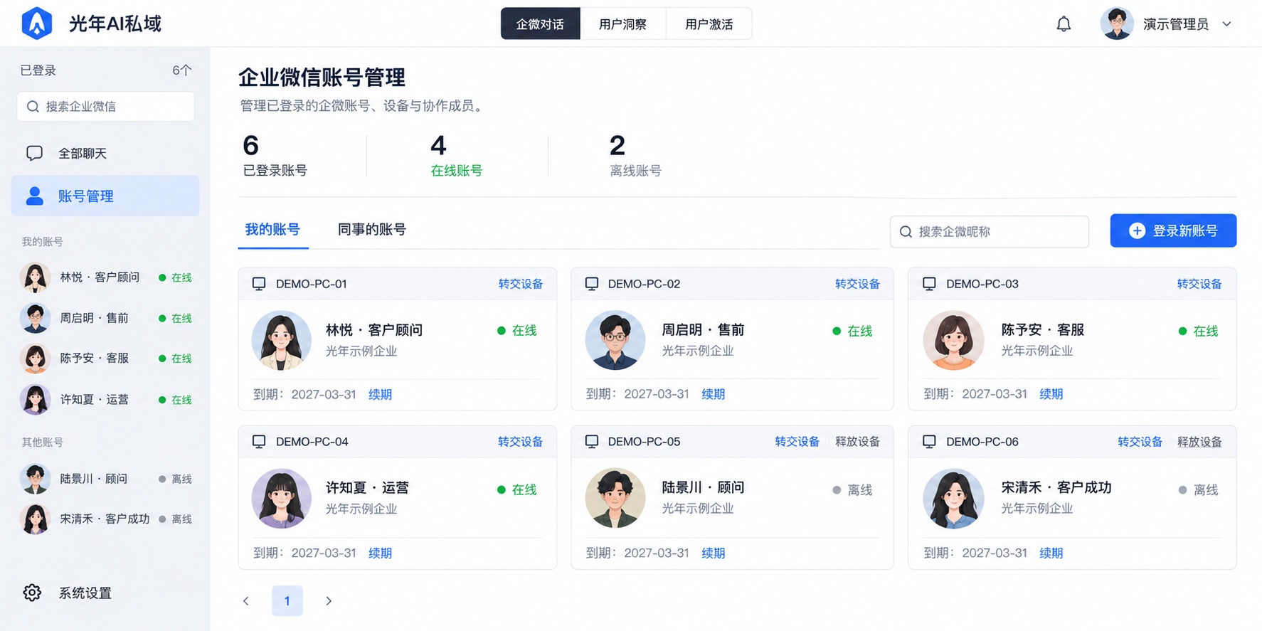 企业微信账号管理：展示六个虚构个人企微账号的头像、昵称、企业、在线离线状态、登录设备以及转交设备与释放设备操作